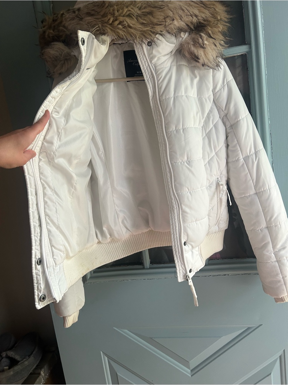 Vintage Y2K American Eagle Fur Hood Bomber Puffer Jacket Full Zip Coat White M - Picture 5 of 12